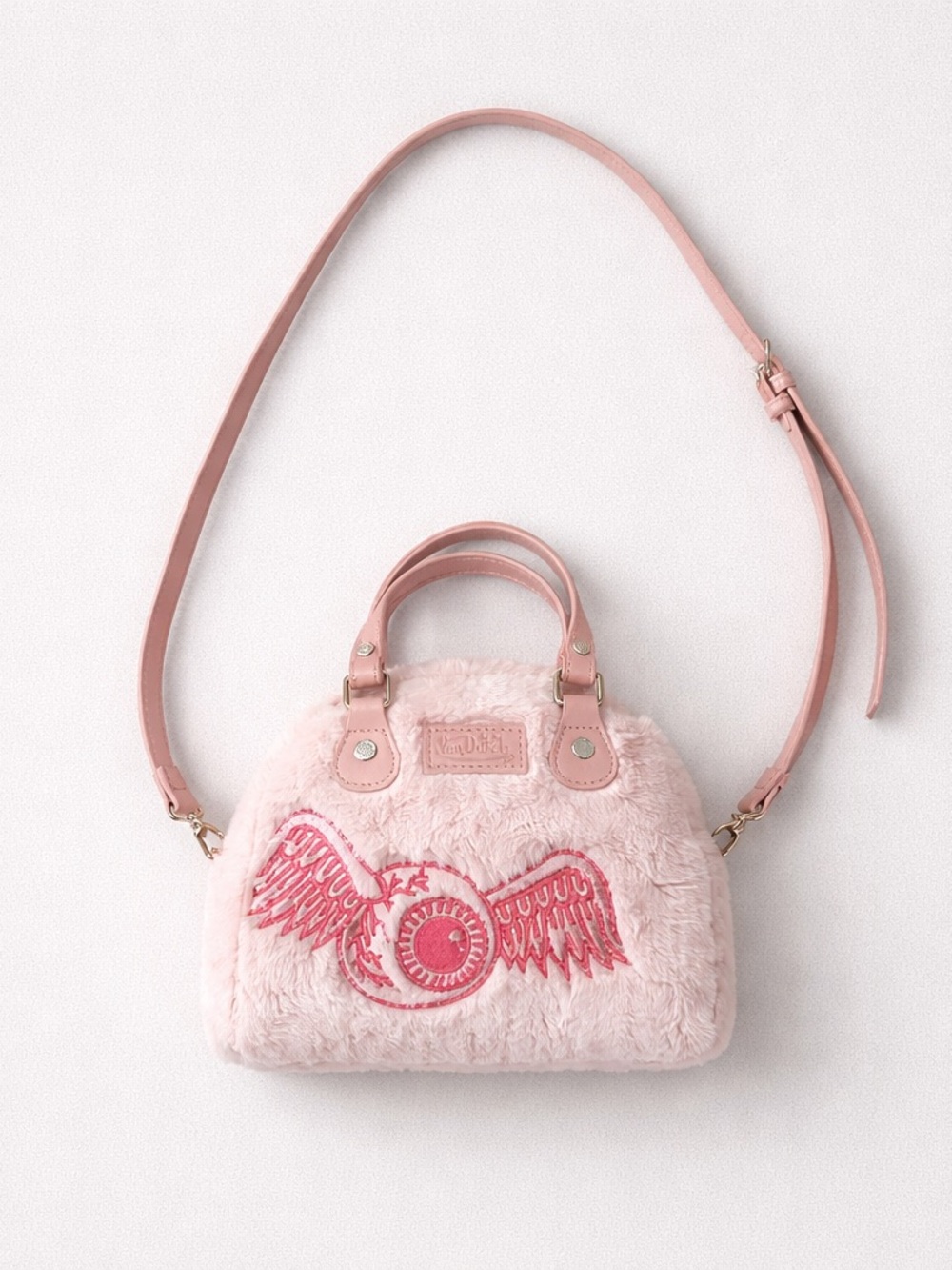 Von Dutch Furry Light Pink with Hot Pink Lettering Bowling Bag Purse